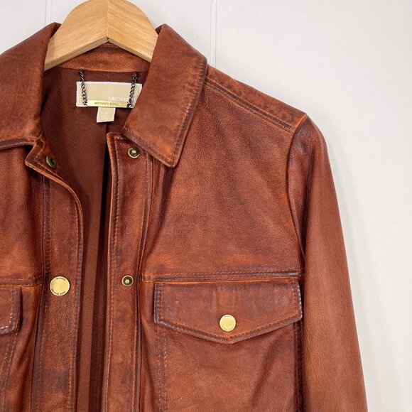 Michael Kors Lamb Leather Jacket Cropped Distressed Rustic Size Small Brown - Picture 3 of 16